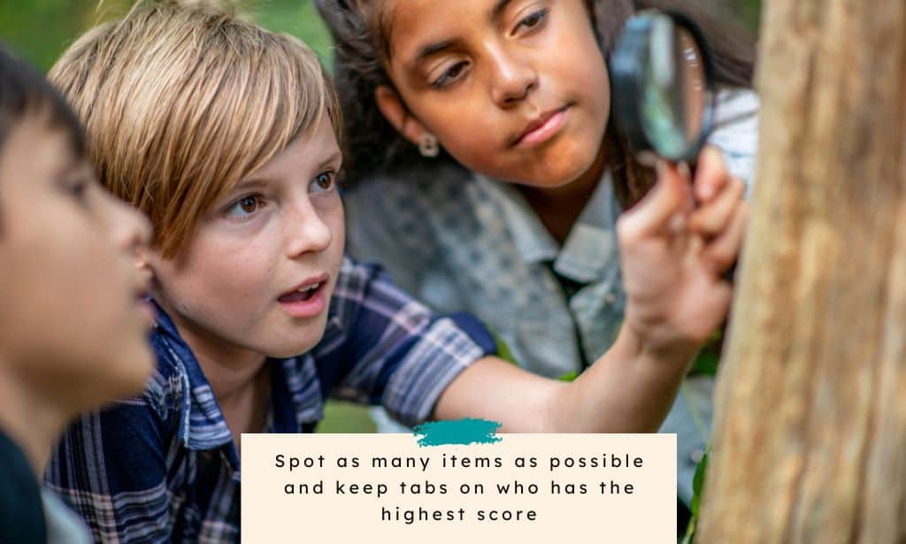 Kids observing a tree using a microscope