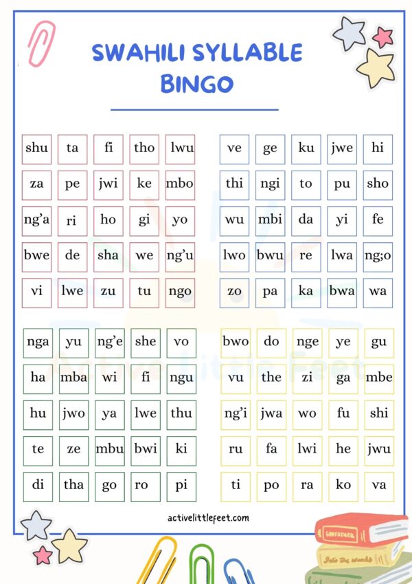 Kiswahili syllables bingo game